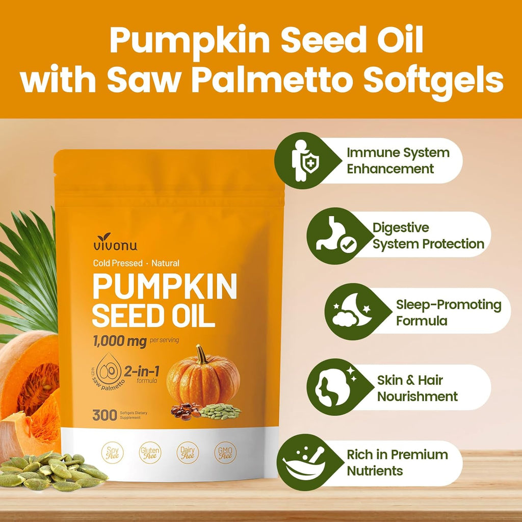 Cold Pressed Pumpkin Seed Oil & Saw Palmetto Softgels - 300 Count | Hair Growth, Prostate, Urinary & Bladder Support | Non-GMO Pure Virgin Oil