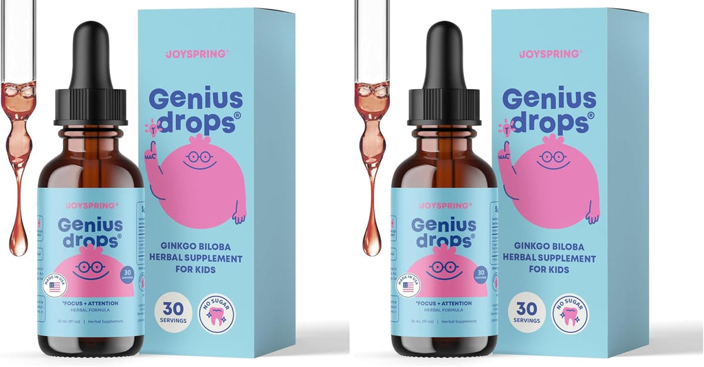 JoySpring Genius Drops for Kids | Clinically Proven Focus Supplement | Liquid Herbal Focus Supplement with Ginkgo Biloba for Kids (1 fl oz) 30 Servings