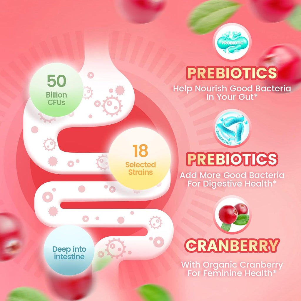 Feminine Balance Probiotic Gummies – Vegan & Halal Formula for Yeast & pH Support | with Cranberry, 60 Gummies