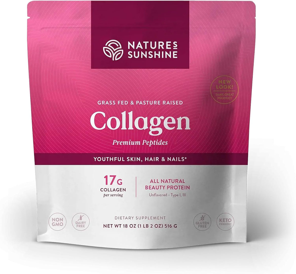 Nature's Sunshine Collagen Powder Type I and III Grass Fed and Pasture Raised Premium Bovine Collagen Peptides 18 Oz