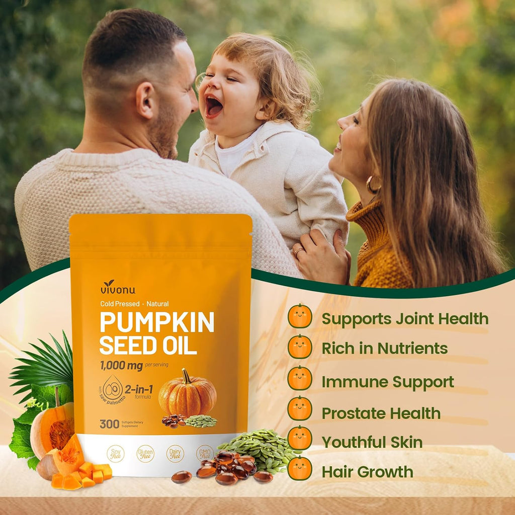Cold Pressed Pumpkin Seed Oil & Saw Palmetto Softgels - 300 Count | Hair Growth, Prostate, Urinary & Bladder Support | Non-GMO Pure Virgin Oil