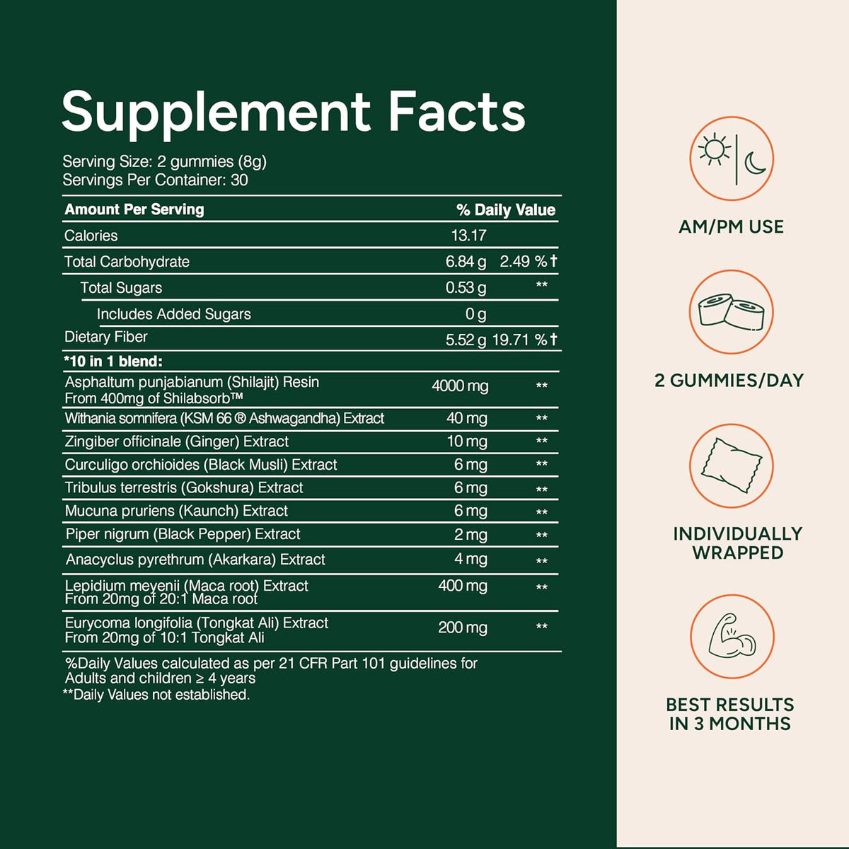 10-in-1 Shilajit Gummies (4000mg)|Tongkat Ali, Maca, 75% Fulvic Acid | Sugar-Free & Vegetarian