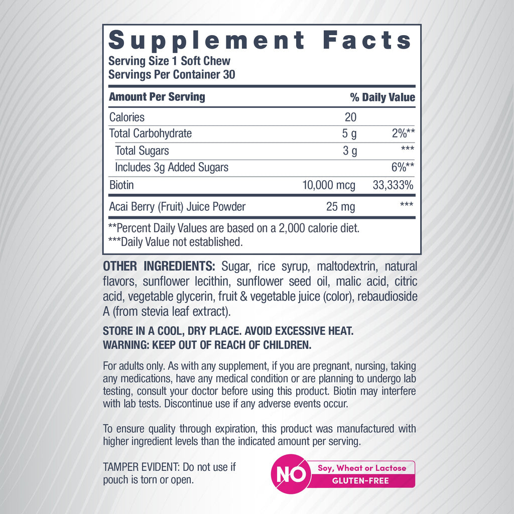 Biotin Beauty Acai Berry Flavor, 30 Tasty Soft Chews